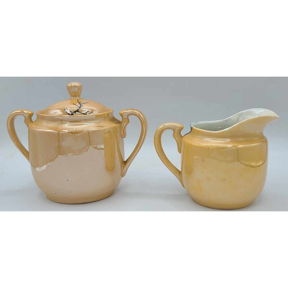 Vtg Hand Painted Japanese Lusterware Set. 3 plates 7 1/4", Sugar Bowl & Creamer - Picture 5 of 14